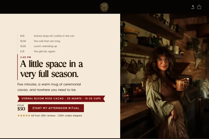 The Afternoon Ritual landing page with its crossed-out schedule and the headline A little space in a very full season